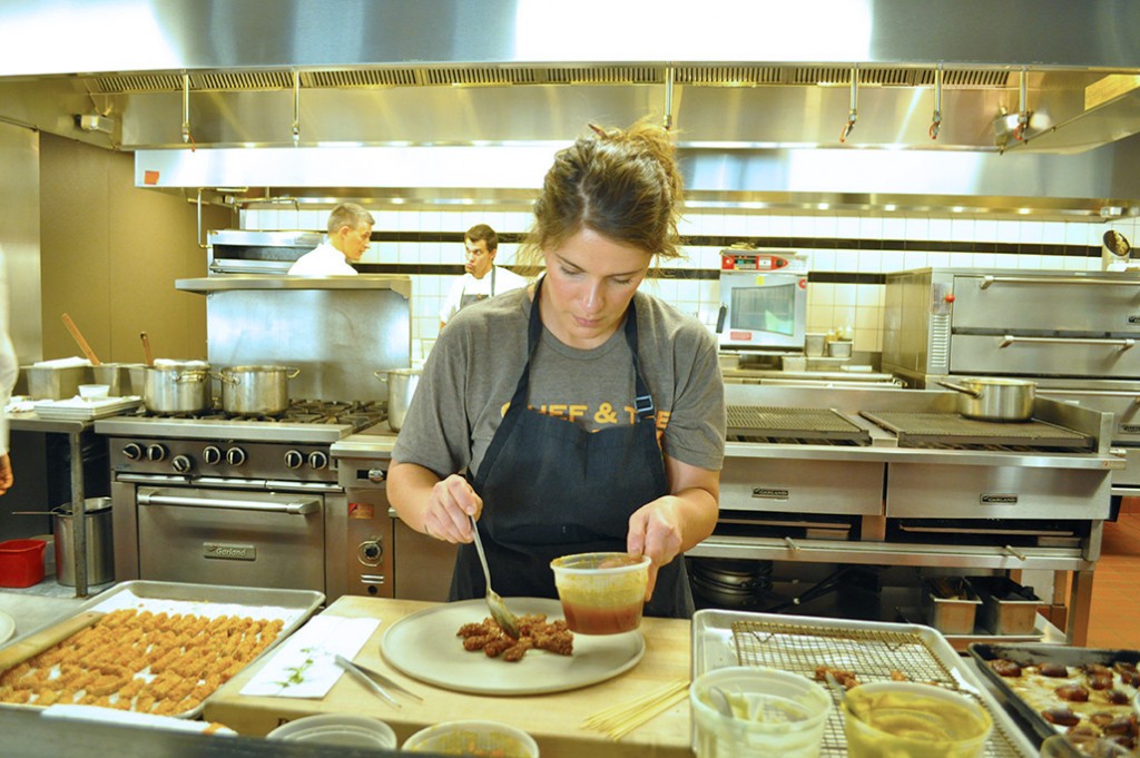 Television personality and chef Vivian Howard of the PBS series A Chef's Life, prepares fried green tomato sticks during TerraVita's opening cocktail party. Photo: Carolyn Burns Bass