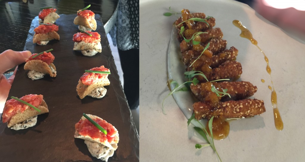 Left to right, tartacos from One restaurant chefs Kim Floresca and Daniel Ryan, plus fried green tomato sticks from Vivian Howard of Chef and the Farmer restaurant. Photo: Carolyn Burns Bass